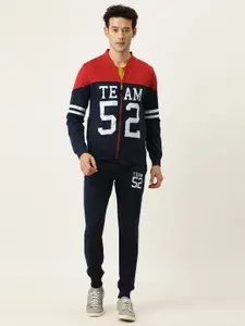 Sports52 wear Men Navy Blue & Red ColourblocKed Cotton Tracksuit With Printed Detailing