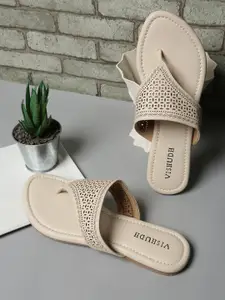 Vishudh Women Beige Open Toe Flats with Laser Cuts