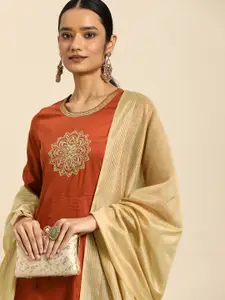 all about you Women Orange& Cream Embroidered Kurta with Dupatta