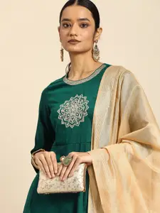 all about you Women Teal Green Embroidered Kurta with Dupatta