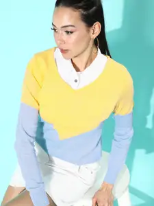 DressBerry Women Bright Yellow Colourblocked Acrylic Sweater