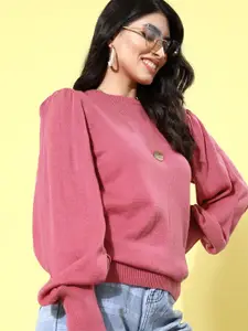 DressBerry Women Pink Puff Sleeves Solid Pullover