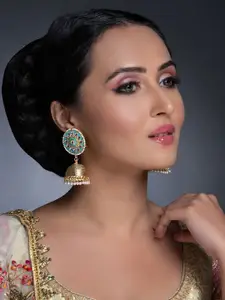 Sukkhi Blue Gold-Plated Kundan Studded Handcrafted Dome Shaped Jhumkas