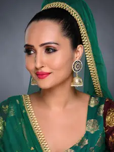 Sukkhi Blue Gold-Plated Kundan Studded Dome Shaped Jhumkas