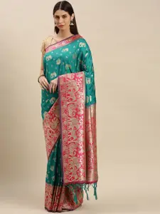 flaher Turquoise Blue & Pink Woven Design Art Silk Banarasi Saree