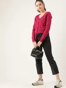 DressBerry Women Pink Cardigan Sweater with Embroidered Detail