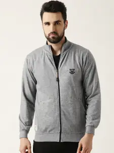 Sports52 wear Men Grey Melange Solid Knitted Sweatshirt With Brand Logo Print Detail
