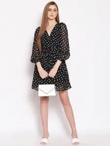 Oxolloxo Retro Vibe Women'S Polka Dots Printed V-Neck Puff Sleeves Fit & Flare Dress