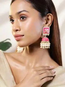 Rubans 18K Gold-Plated Pink Kundan & White Beads Studded Enamel Handcrafted Dome Jhumka