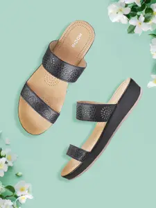 Mochi Black Textured Wedge Sandals with Laser Cuts