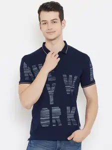Duke Men Blue Typography Printed Polo Collar Cotton T-shirt
