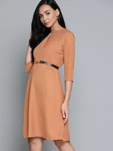 Chemistry Beige Solid A-Line Dress with Belt