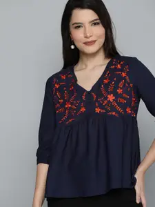 Chemistry Navy Blue & Red Floral Embroidered V - Neck Empire Top