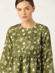 ether Olive Green & White Floral Print A-Line Top