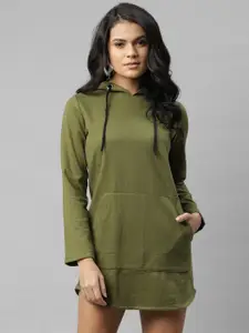Rigo Women Olive Green Fleece Hooded Longline Sweatshirt