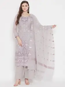 Safaa Grey & Purple Embroidered Unstitched Dress Material