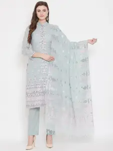 Safaa Sea Green & White Printed Unstitched Dress Material