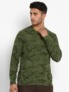 Royal Enfield Men Olive Green Camouflage Printed Henley Neck T-shirt