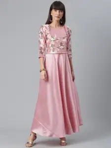 Ahalyaa Women Pink Floral Printed Art Silk Anarkali Dress