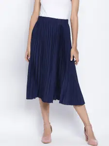 Oxolloxo Women Navy Blue Solid Zaffle Pleated A-Line Midi Skirt
