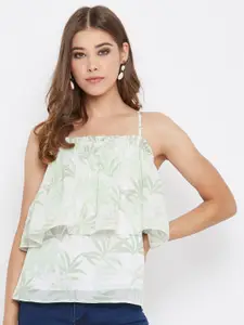 Berrylush White & Green Tropical Layered Crepe Styled Back Top