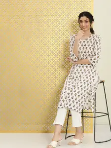 Ode by House of Pataudi Women White & Red Floral Printed Pure Cotton Rozana Straight Kurta