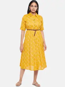 AKKRITI BY PANTALOONS Women Mustard Yellow & White Checked Cotton Shirt Midi Dress