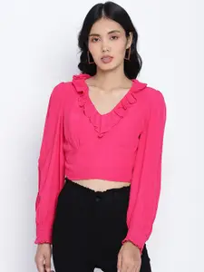 Oxolloxo Pink Bishop Sleeves Frilled Design Blouson Crop Top