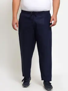 plusS Men Navy Blue Solid Straight Fit Cotton Track Pants