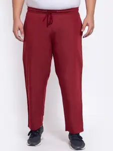 plusS Men Red Solid Straight-Fit Cotton Track Pants
