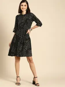 Anouk Black Geometric Printed Flared Dress