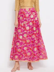 Clora Creation Women Magenta & Gold Floral Printed Maxi Length Flared Skirt
