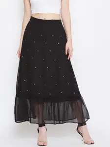 Bitterlime Women Black & Silver-Coloured Embellished Flared Maxi Skirt