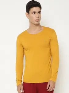 CHKOKKO Men Mustard Yellow Solid Cotton T-shirt