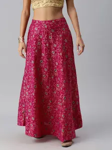 Global Desi Women Fuchsia Ethnic Printed Paneled Flared Maxi Skirt