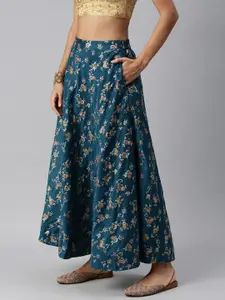 Global Desi Women Blue Floral Printed Paneled Flared Midi Skirt