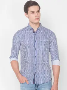 SPYKAR Men Blue Slim Fit Opaque Striped Pure Cotton Casual Shirt