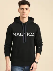 Nautica Men Black & Grey Brand Logo Embroidered Hooded Sweatshirt