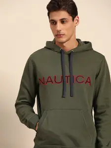 Nautica Men Olive Green Embroidered Hooded Sweatshirt