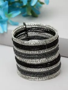 Moedbuille Women Silver-Plated & Black Afghan Beaded Cuff Bracelet