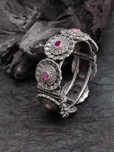 Moedbuille Women Pink & Silver-Plated Brass Crystals Oxidised Bangle-Style Bracelet