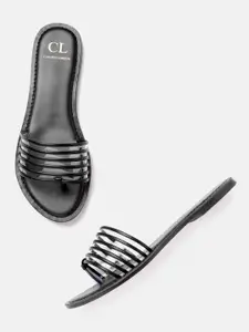 Carlton London Women Black & Transparent Striped Open Toe Flats