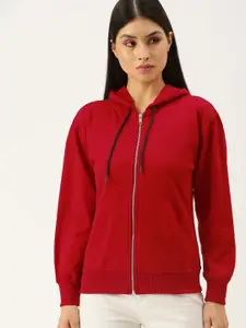 FOREVER 21 Women Red Solid Hooded Front-Open Sweatshirt