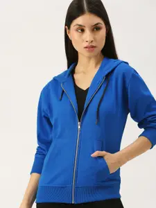 FOREVER 21 Women Blue Hooded Front-Open Sweatshirt