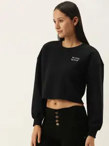 FOREVER 21 Women Black Typography Printed Round-Neck Crop Pullover Sweatshirt