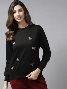Cayman Women Black Solid Solid Applique Sweatshirt