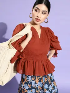 plusS Rust-Coloured Self-Design Smocked Cinched Waist Top