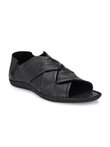 Hitz Men Black Leather Casual Comfort Sandals