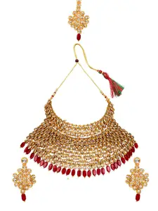 ANIKAS CREATION Women Gold-Plated Kundan Red Choker Necklace With Earrings Maangtika