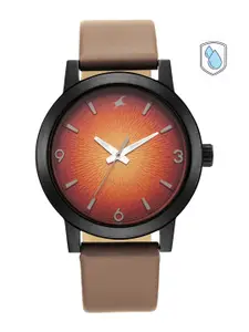 Fastrack Men Orange Brass Dial & Brown Leather Straps Analogue Watch